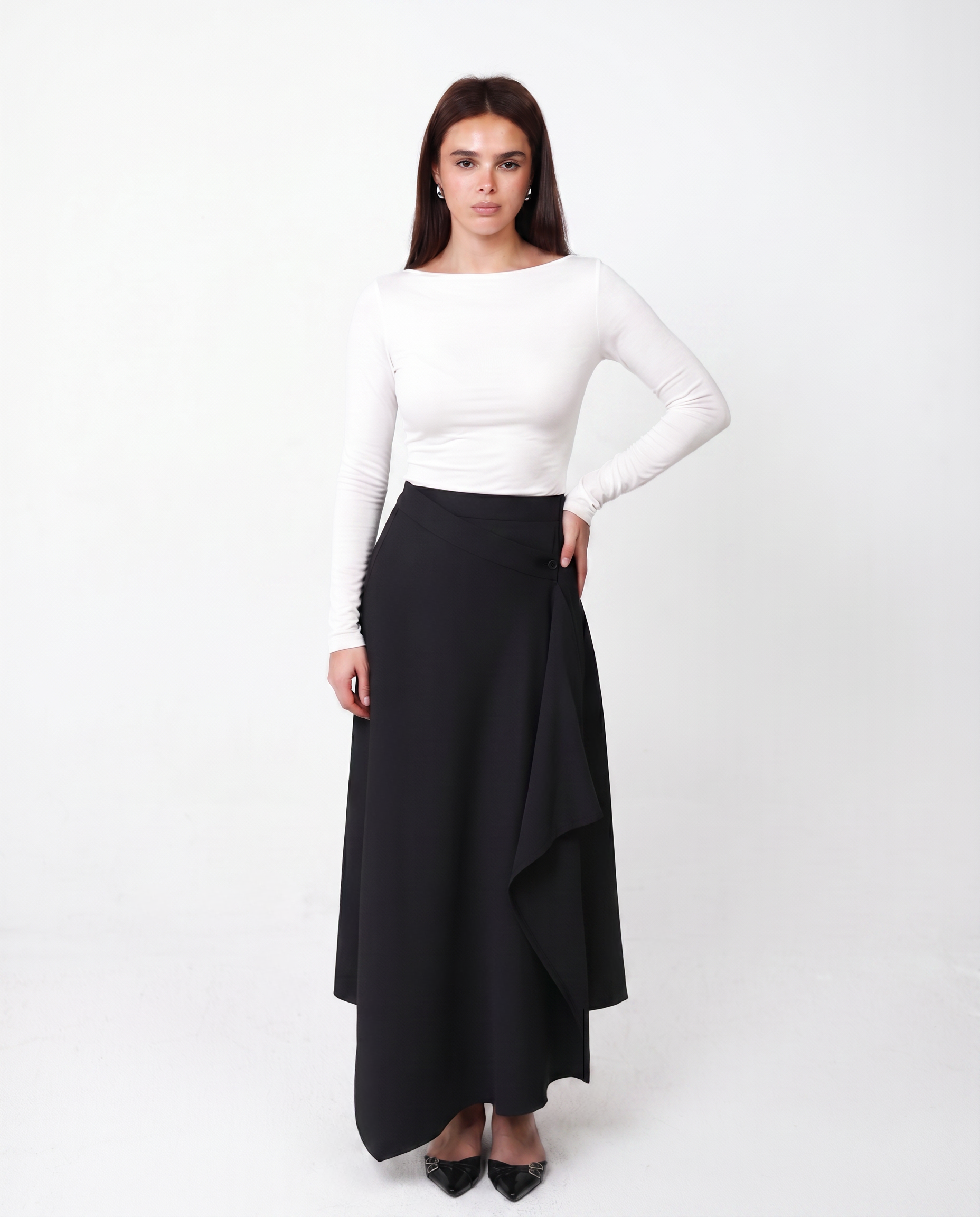 LAYERED MIDI SKIRT WITH RUFFLE IN BLACK