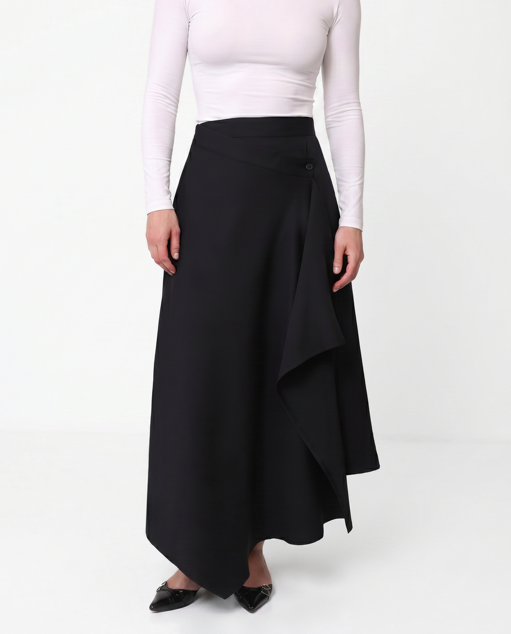 LAYERED MIDI SKIRT WITH RUFFLE IN BLACK