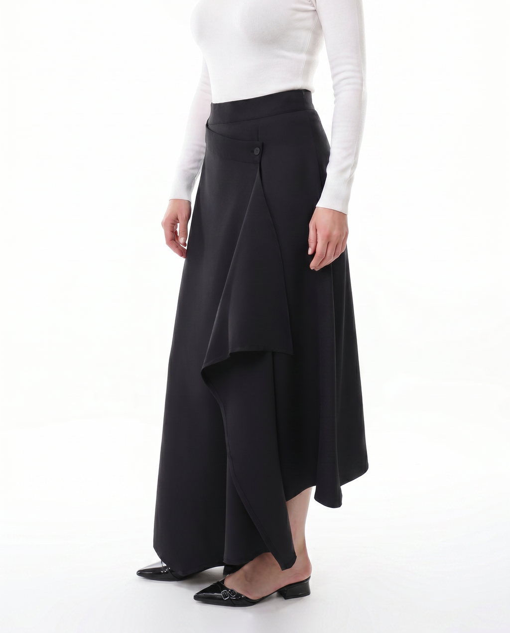 LAYERED MIDI SKIRT WITH RUFFLE IN BLACK